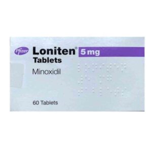 Product image of Loniten 5mg Tablets - Minoxidil 5mg, 60 Tablets, featuring a white and blue packaging designed for the treatment of high blood pressure and hair loss, available in a 60-tablet