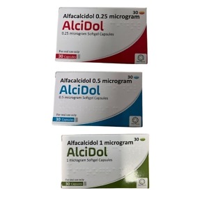 Alcidol Capsules – Box of 30 Alfacalcidol Capsules, available in 1mcg, 0.5mcg, and 0.25mcg strengths, used for managing calcium deficiency and bone disorders like osteoporosis and renal osteodystrophy
