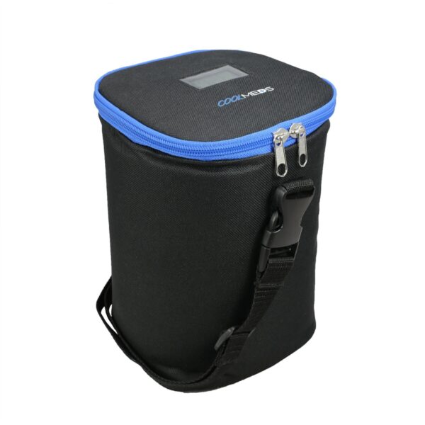 Photograph of the Coolmeds Go travel case for medicine and insulin. The compact, rectangular case features a sleek, dark outer shell with the Coolmeds logo in the center. It's designed to maintain temperatures between 2 to 8 degrees Celsius for 15 to 20 hours, ensuring medications are kept at a safe temperature. The image shows the case closed and possibly includes a handle or strap for easy carrying