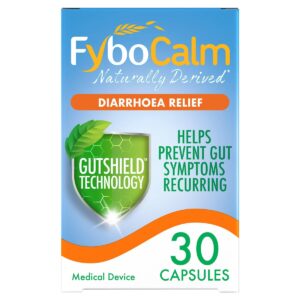 Image of a package of Fybocalm Diarrhoea Relief Capsules, containing 30 capsules. The packaging highlights its use for effective and rapid relief from diarrhea.