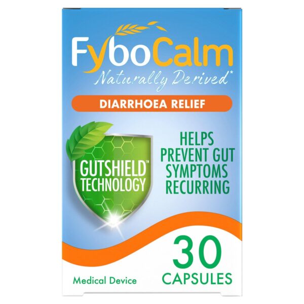 Image of a package of Fybocalm Diarrhoea Relief Capsules, containing 30 capsules. The packaging highlights its use for effective and rapid relief from diarrhea.