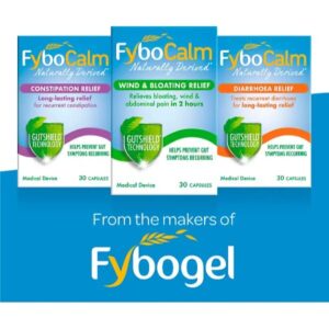 Image showcasing the Fybocalm product range, including packages of diarrhea relief, wind and bloating relief, and constipation relief capsules, all displayed together for a comprehensive view of the options available