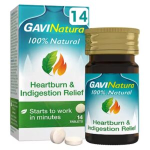 Image of a package of GaviNatura Natural Heartburn & Indigestion Relief, showing 14 tablets. The packaging highlights the product's natural ingredients for treating heartburn and indigestion