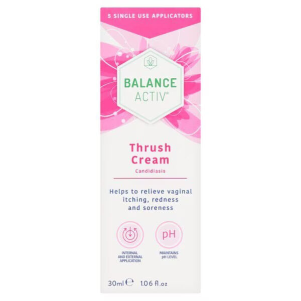 Balance Activ Thrush Cream, 30ml tube placed against a white background, highlighting the packaging with clear product name and details for treating and soothing thrush symptoms.