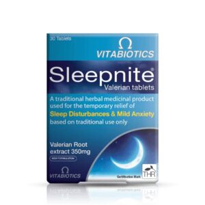 The product image shows a box of Vitabiotics Sleepnite Valerian Tablets, containing 30 tablets. The packaging is predominantly dark blue with yellow accents and features the product name "Sleepnite" in bold letters at the top, along with "Valerian Tablets" underneath. The box highlights the key benefit of promoting natural sleep. There are also images of valerian plants and a moon, indicating its use as a sleep aid. The overall design is clean and professional, suggesting a high-quality health supplement.