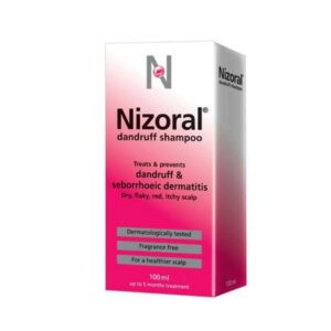 Product image of Nizoral Dandruff Shampoo - Ketoconazole Shampoo. The bottle features a sleek design with a white and blue label, highlighting the active ingredient ketoconazole. The packaging emphasizes its effectiveness in treating dandruff and relieving itching and flaking. The bottle is 100ml in size and clearly displays the Nizoral branding