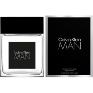 A 100ml bottle of Calvin Klein Man Eau de Toilette, featuring a sleek and minimalist black and silver rectangular design. The bottle represents the fresh, spicy, and woody fragrance, perfect for modern and confident men