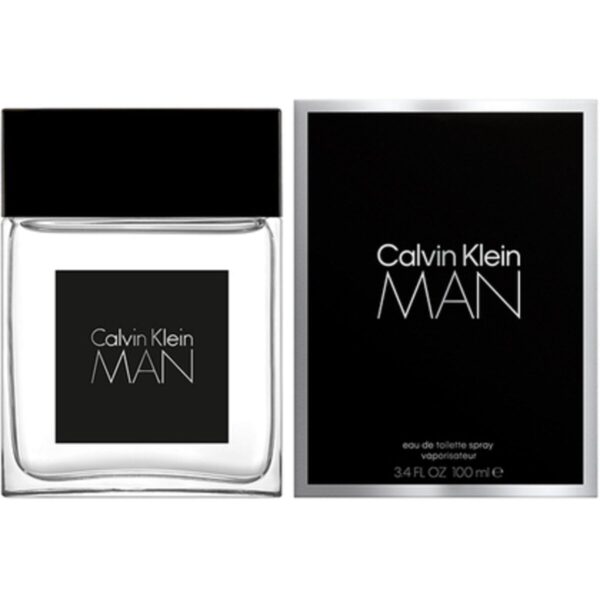 A 100ml bottle of Calvin Klein Man Eau de Toilette, featuring a sleek and minimalist black and silver rectangular design. The bottle represents the fresh, spicy, and woody fragrance, perfect for modern and confident men