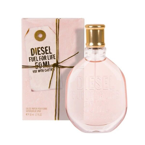 A 50ml bottle of Diesel Fuel For Life Eau De Parfum Spray, featuring a unique vintage-inspired design with a lace-wrapped bottle and rugged details. The packaging reflects the bold, energetic, and passionate fragrance perfect for adventurous and confident individuals.