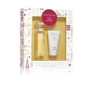 Elizabeth Arden Fifth Avenue Gift Set featuring a 30ml Eau de Parfum and 50ml Body Lotion, elegantly packaged for gifting.