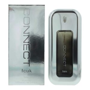 A 100ml bottle of FCUK Connect Him Eau De Toilette Spray, featuring a sleek and modern design that embodies the aromatic and sophisticated fragrance for men.