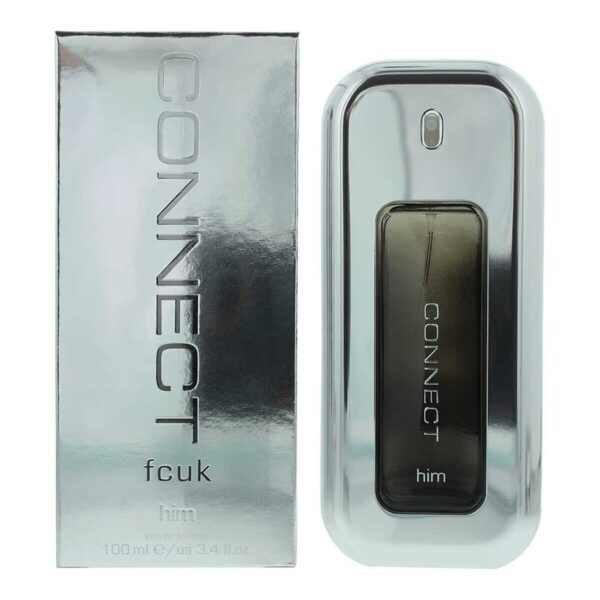 A 100ml bottle of FCUK Connect Him Eau De Toilette Spray, featuring a sleek and modern design that embodies the aromatic and sophisticated fragrance for men.