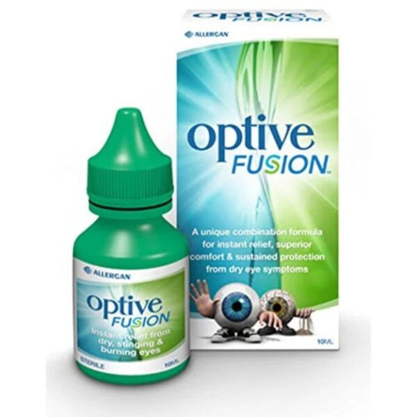Optive Fusion Eye Drops, 10ml bottle, providing advanced hydration and soothing relief for dry, irritated, or sensitive eyes. Ideal for long-lasting comfort and tear film protection