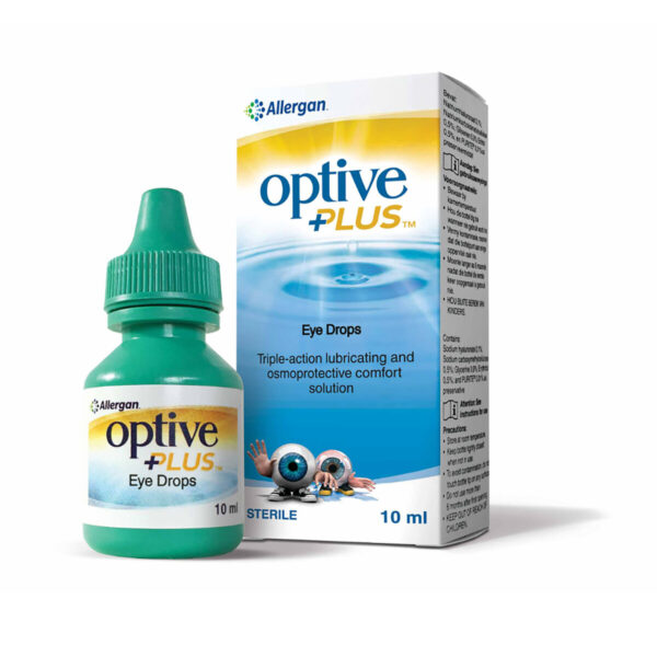 Optive Plus Eye Drops, 10ml bottle, featuring a soothing and lubricating formula for dry eye relief, designed for long-lasting comfort and protection. Ideal for individuals experiencing dry, irritated, or tired eyes.