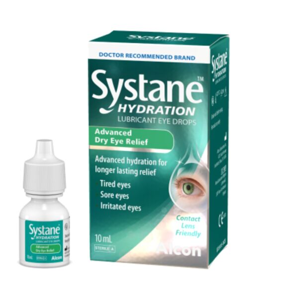 Systane Hydration Lubricant Eye Drops, 10ml bottle, providing advanced hydration and long-lasting relief for dry, irritated eyes. Designed to restore moisture and protect sensitive eyes