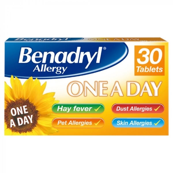 Benadryl Allergy One A Day Tablets 30 -pack – Non-drowsy antihistamine relief for hay fever, pet, and dust allergies, available at Dock Pharmacy