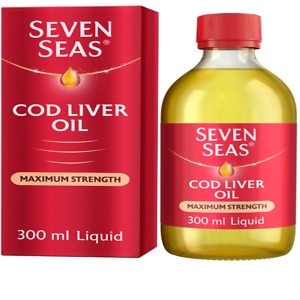 Seven Seas Max Strength Cod Liver Oil 300ml – bottle containing high-strength cod liver oil capsules, rich in Omega-3, vitamins D and A for joint, heart, and immune support