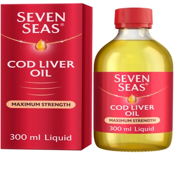 Seven Seas Max Strength Cod Liver Oil 300ml – bottle containing high-strength cod liver oil capsules, rich in Omega-3, vitamins D and A for joint, heart, and immune support